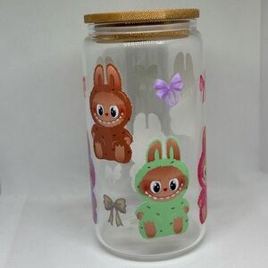Uvdtf 16oz Glass cup Cute labubu Glass  with Bamboo Lid Glass straw included